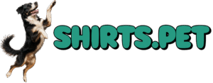 Shirts.pet shops logo. Dog jumping happily.