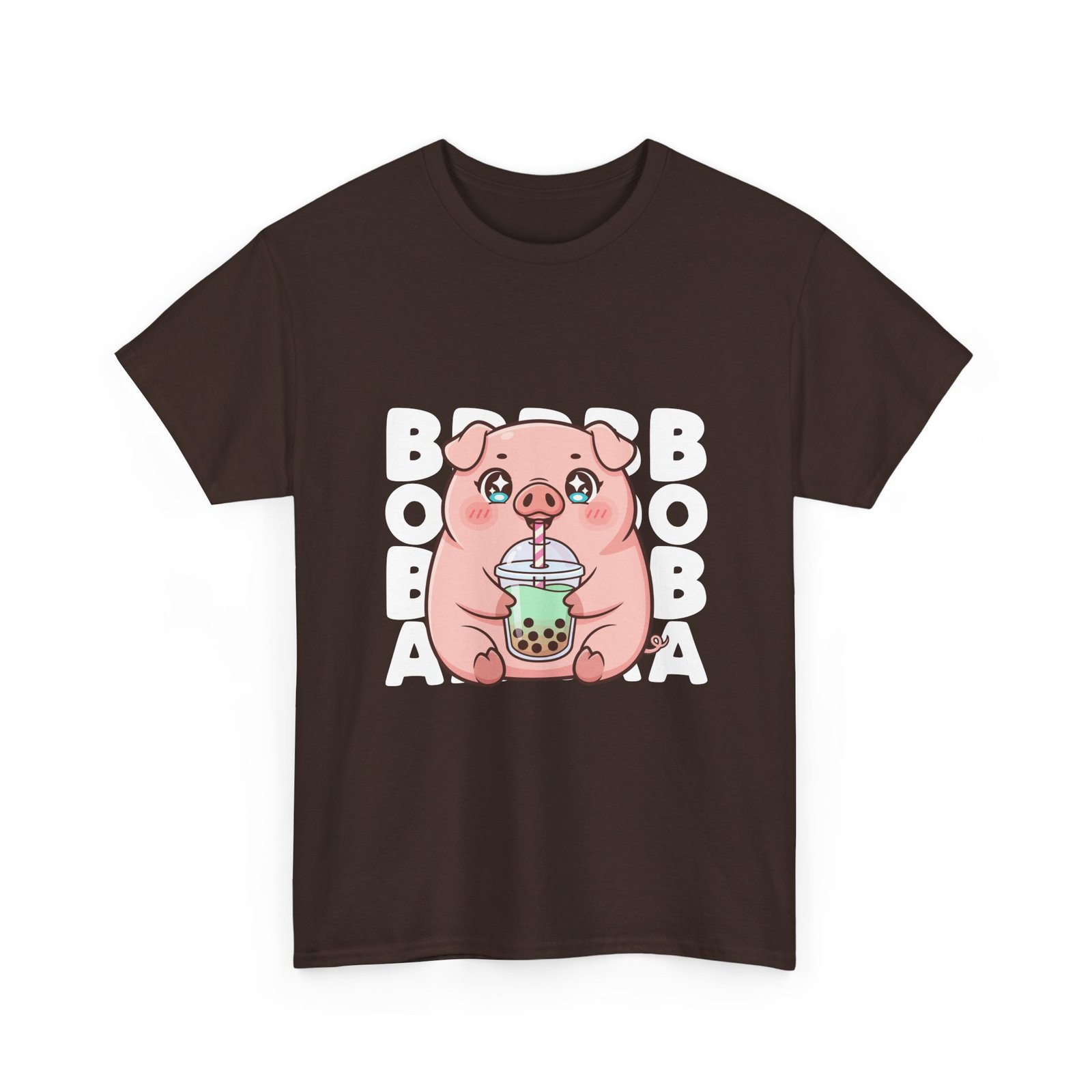 Adorable Cute Pig Enjoying Boba Tea Cartoon Illustration- T-shirt - Image 3