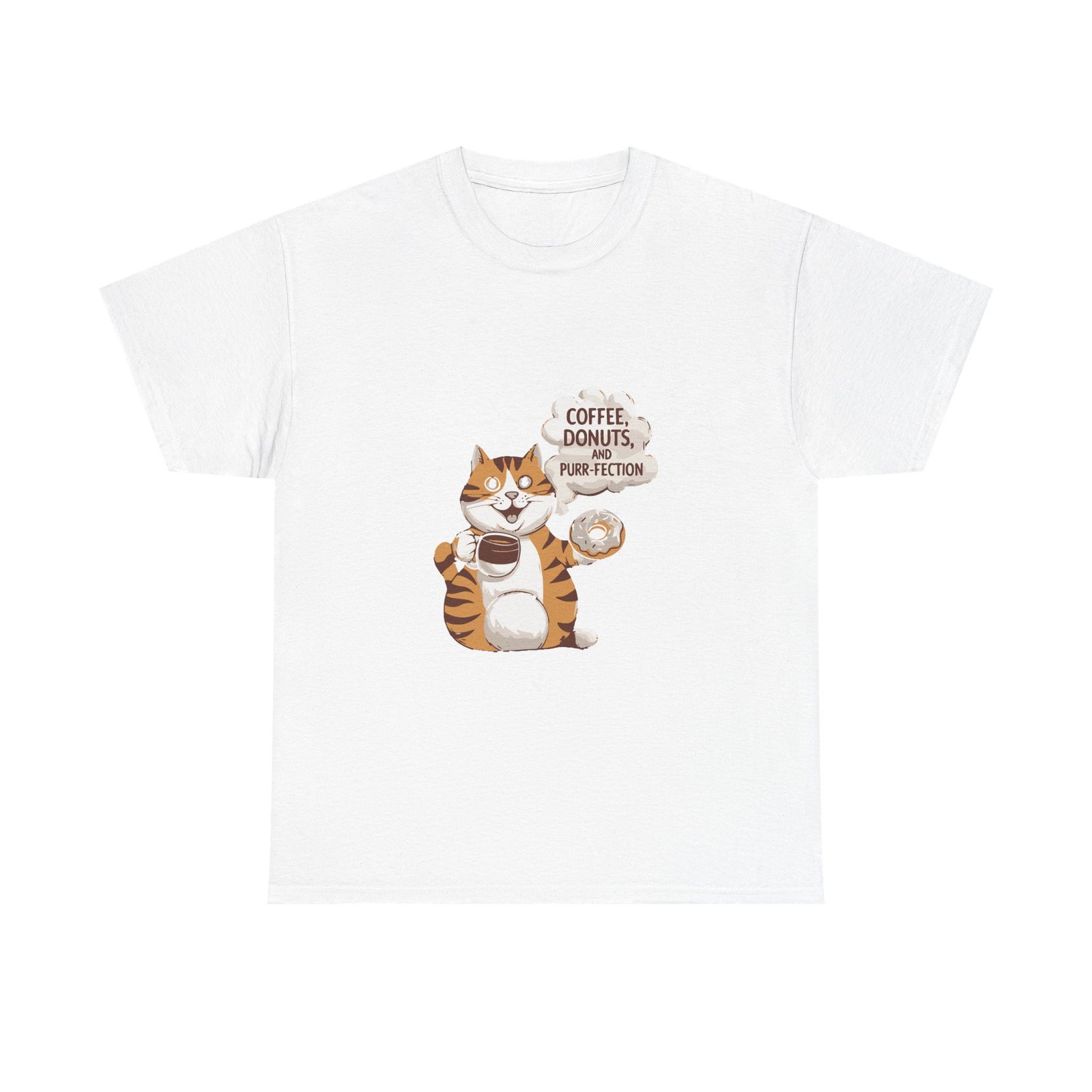 Cute Orange Cat with Coffee and Donuts Illustration - T-shirt