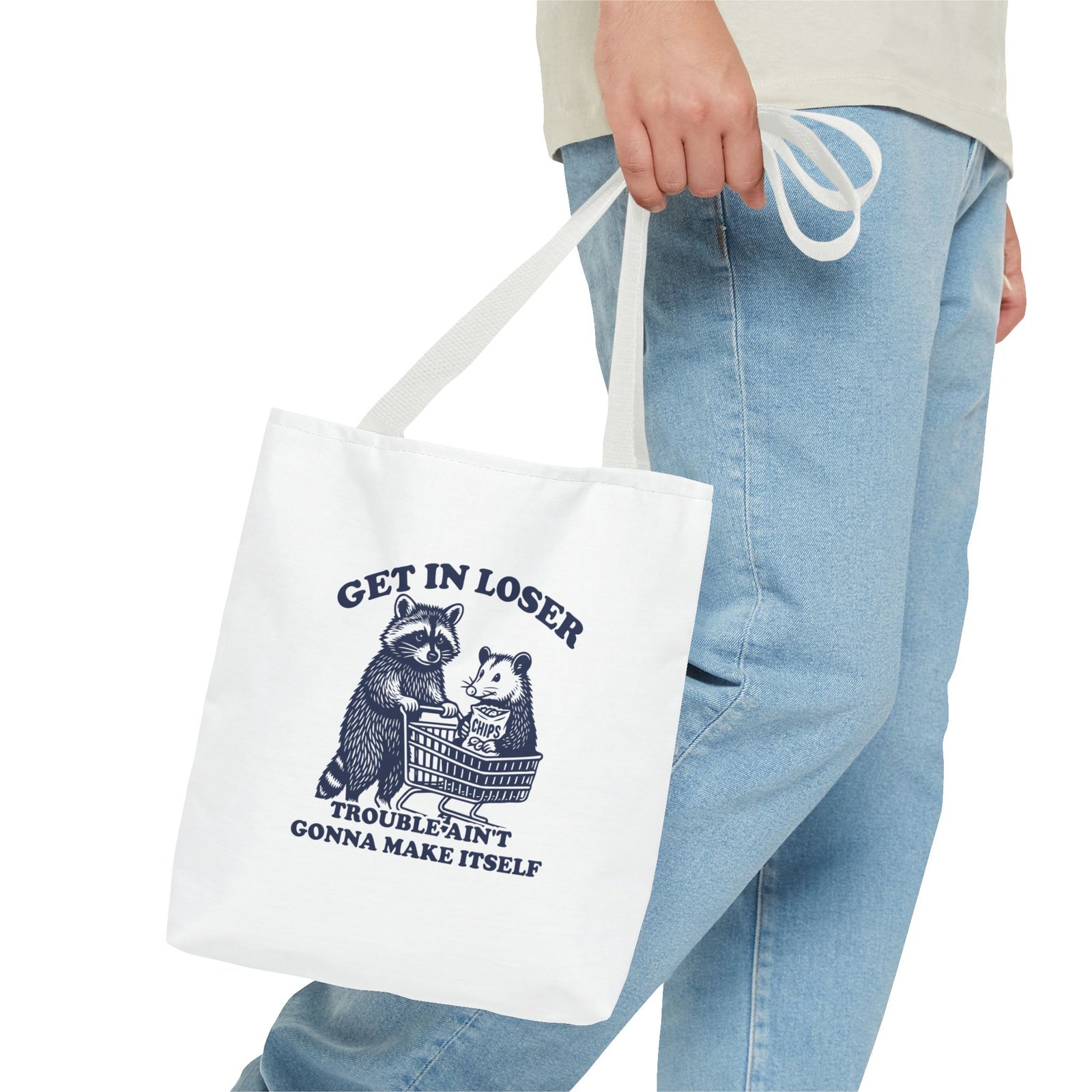 Funny Raccoon Illustration with "Get in Loser Trouble Ain't Gonna Make Itself" Quote- Tote Bag - Image 3