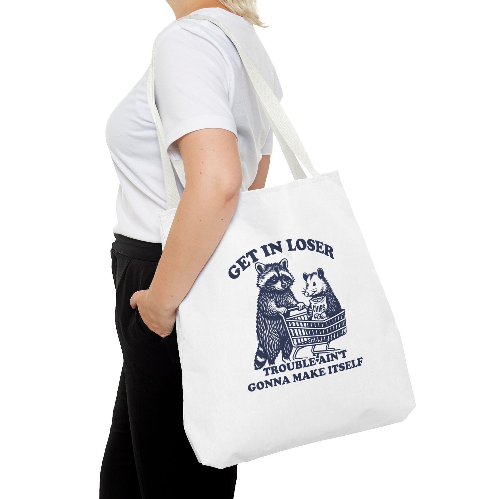 Funny Raccoon Illustration with "Get in Loser Trouble Ain't Gonna Make Itself" Quote- Tote Bag - Image 12