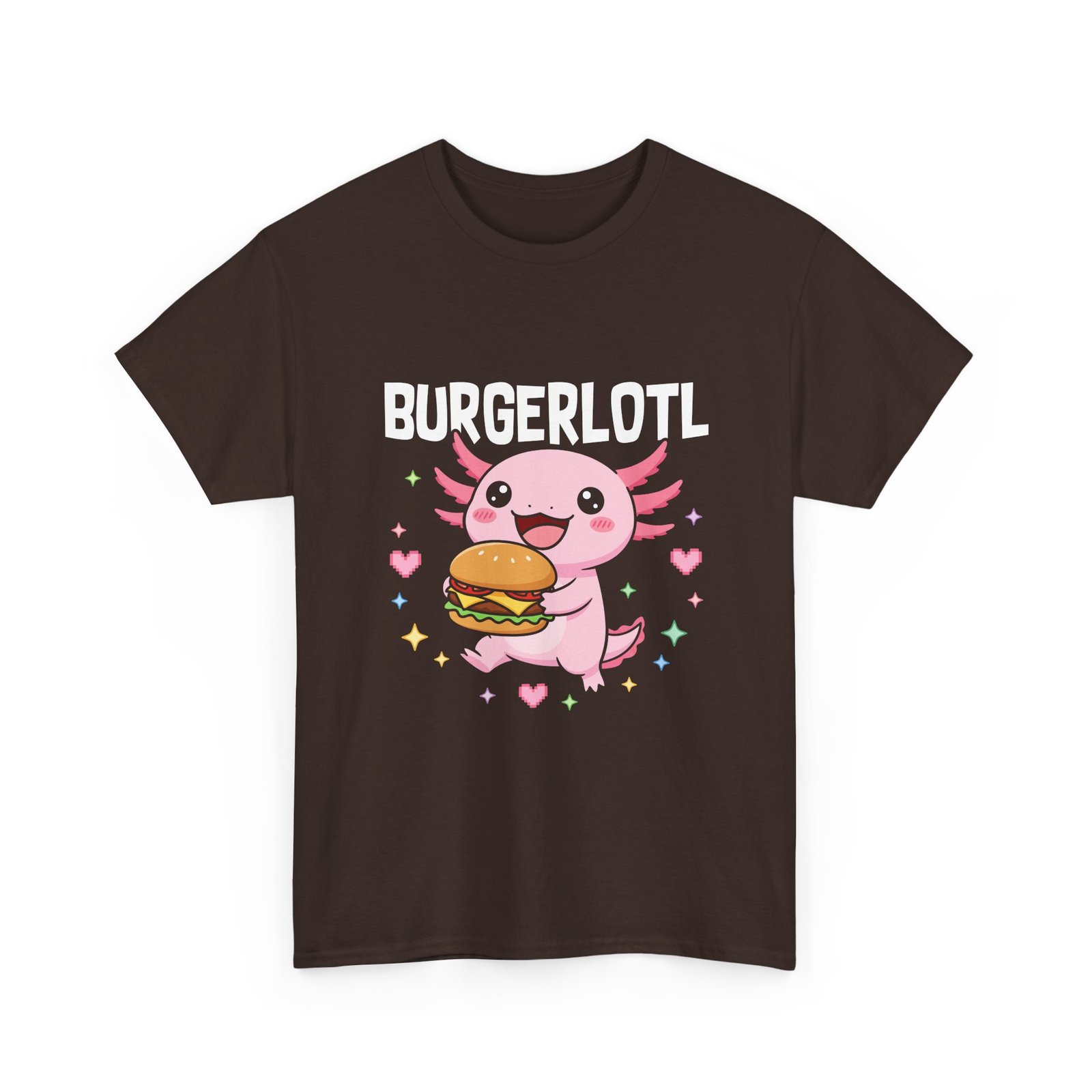 Adorable Axolotl Holding a Delicious Tasty Burger Illustration- T-shirt - Image 3