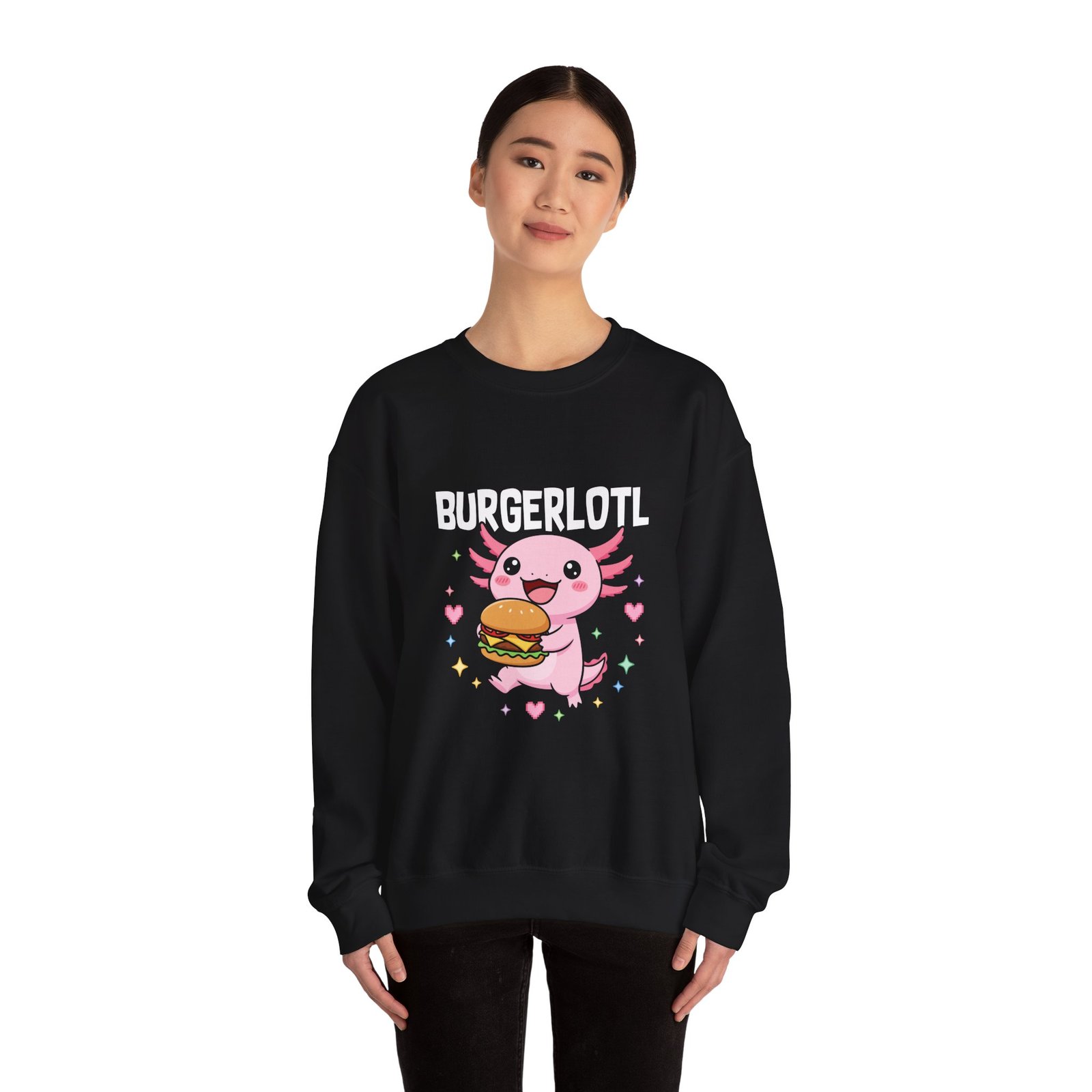 Adorable Axolotl Holding a Delicious Tasty Burger Illustration - Sweatshirt - Image 4