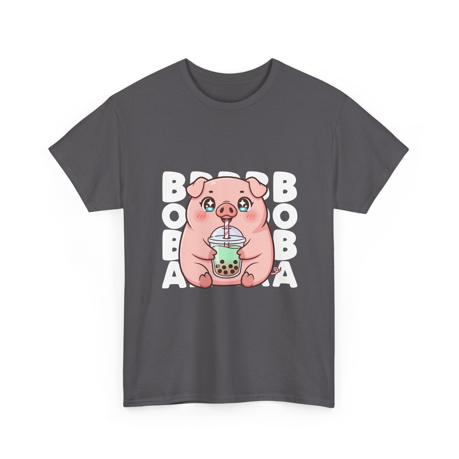 Adorable Cute Pig Enjoying Boba Tea Cartoon Illustration- T-shirt - Image 7