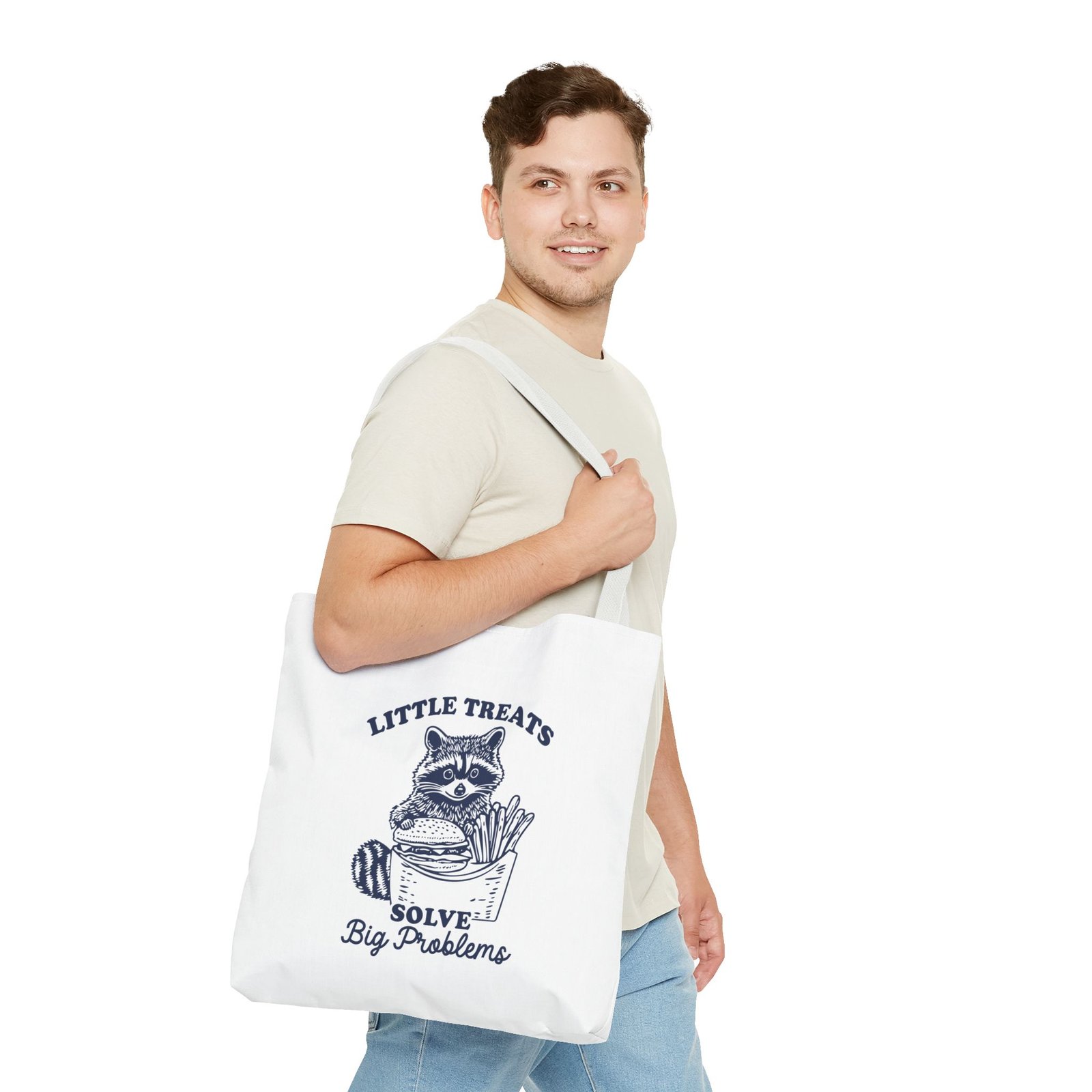 Little Treats Solve Big Problems Funny Raccoon Cartoon Design- Tote Bag - Image 11