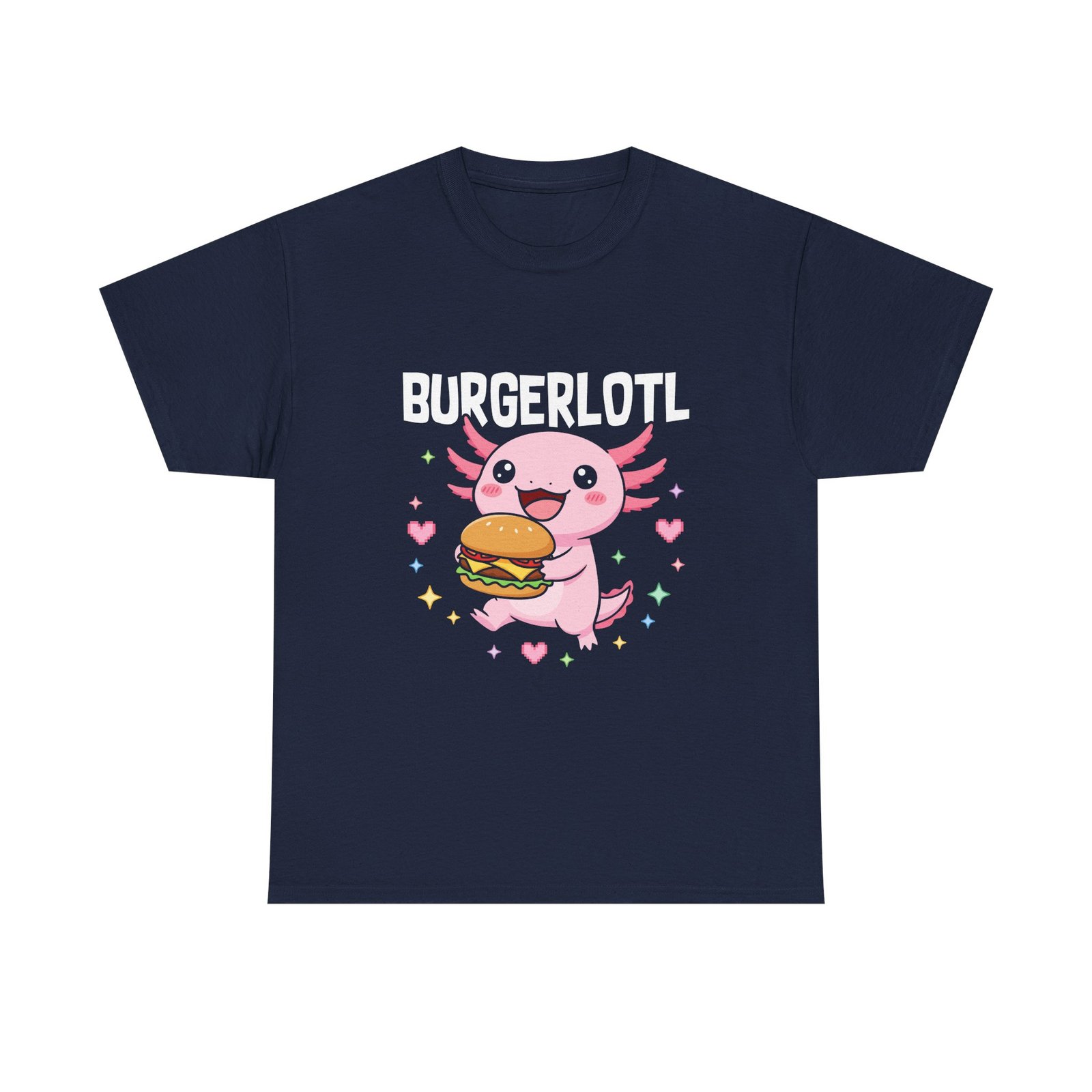 Adorable Axolotl Holding a Delicious Tasty Burger Illustration- T-shirt - Image 9