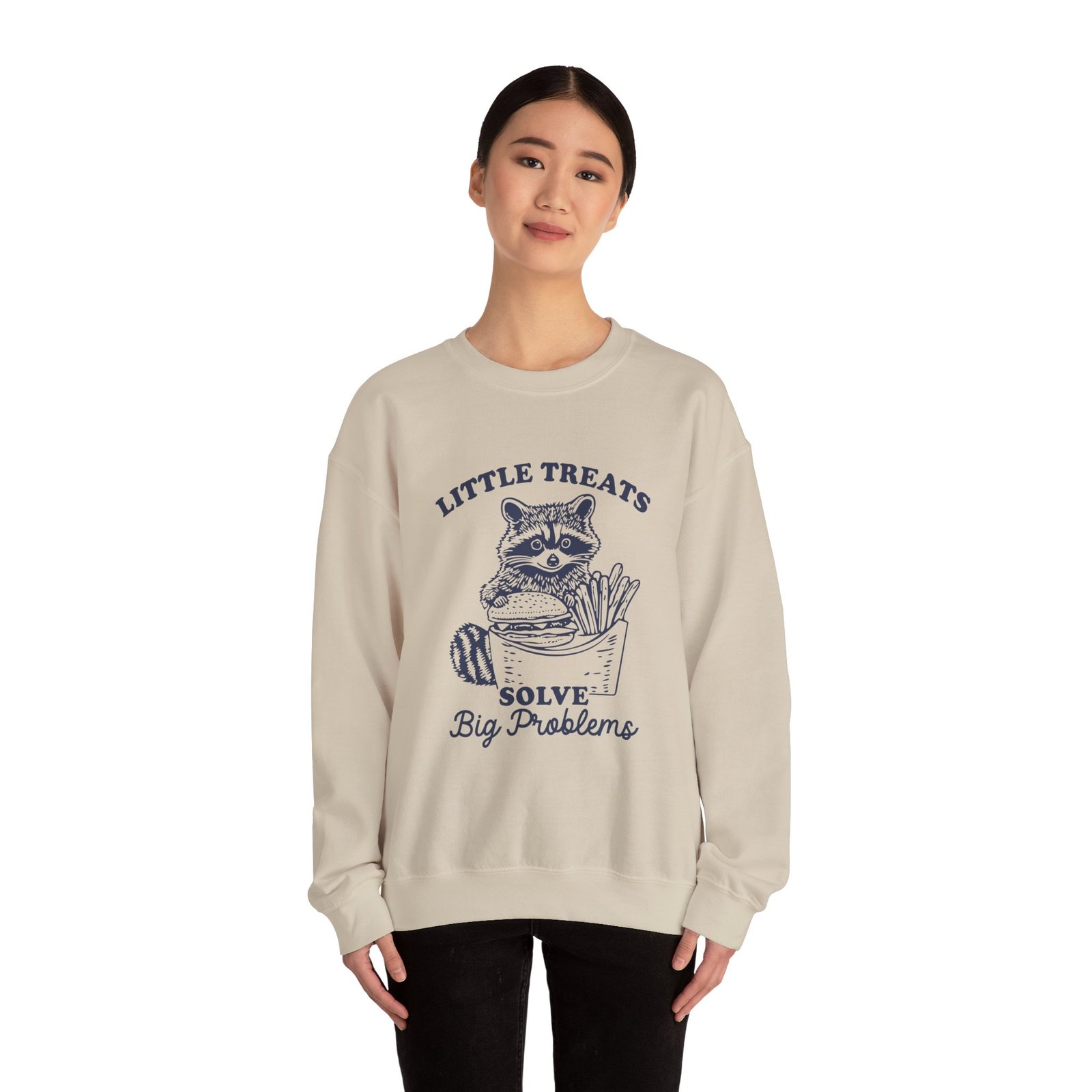 Little Treats Solve Big Problems Funny Raccoon Cartoon Design - Sweatshirt - Image 8