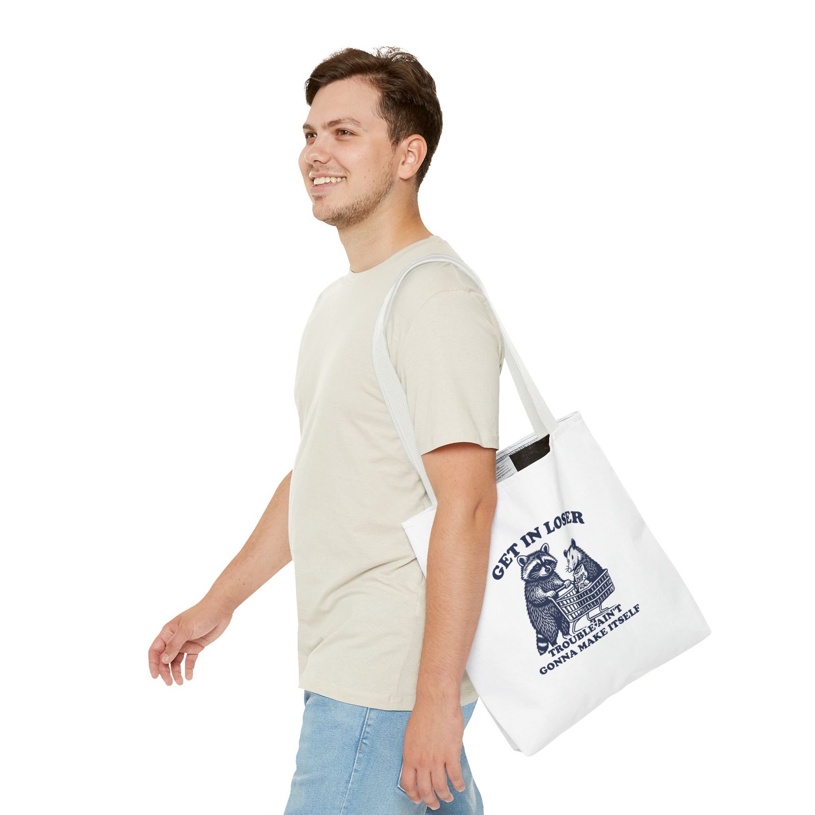 Funny Raccoon Illustration with "Get in Loser Trouble Ain't Gonna Make Itself" Quote- Tote Bag - Image 7