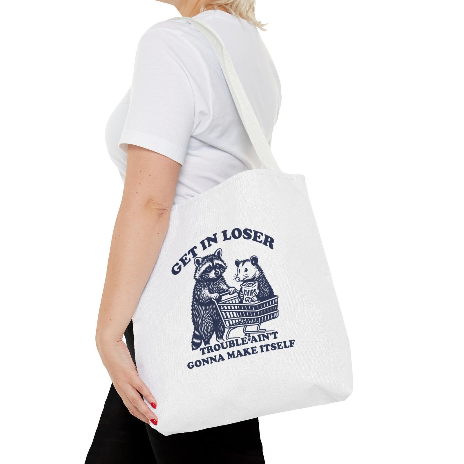 Funny Raccoon Illustration with "Get in Loser Trouble Ain't Gonna Make Itself" Quote- Tote Bag - Image 8