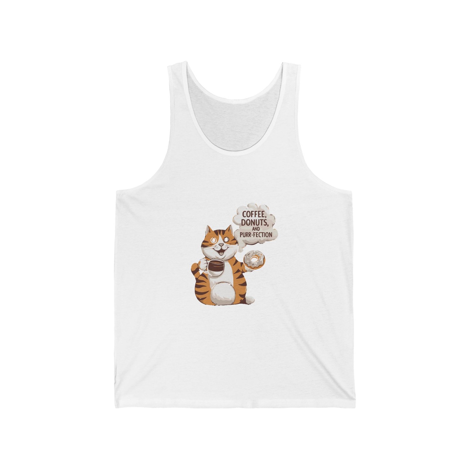 Cute Orange Cat with Coffee and Donuts Illustration - Tank Top