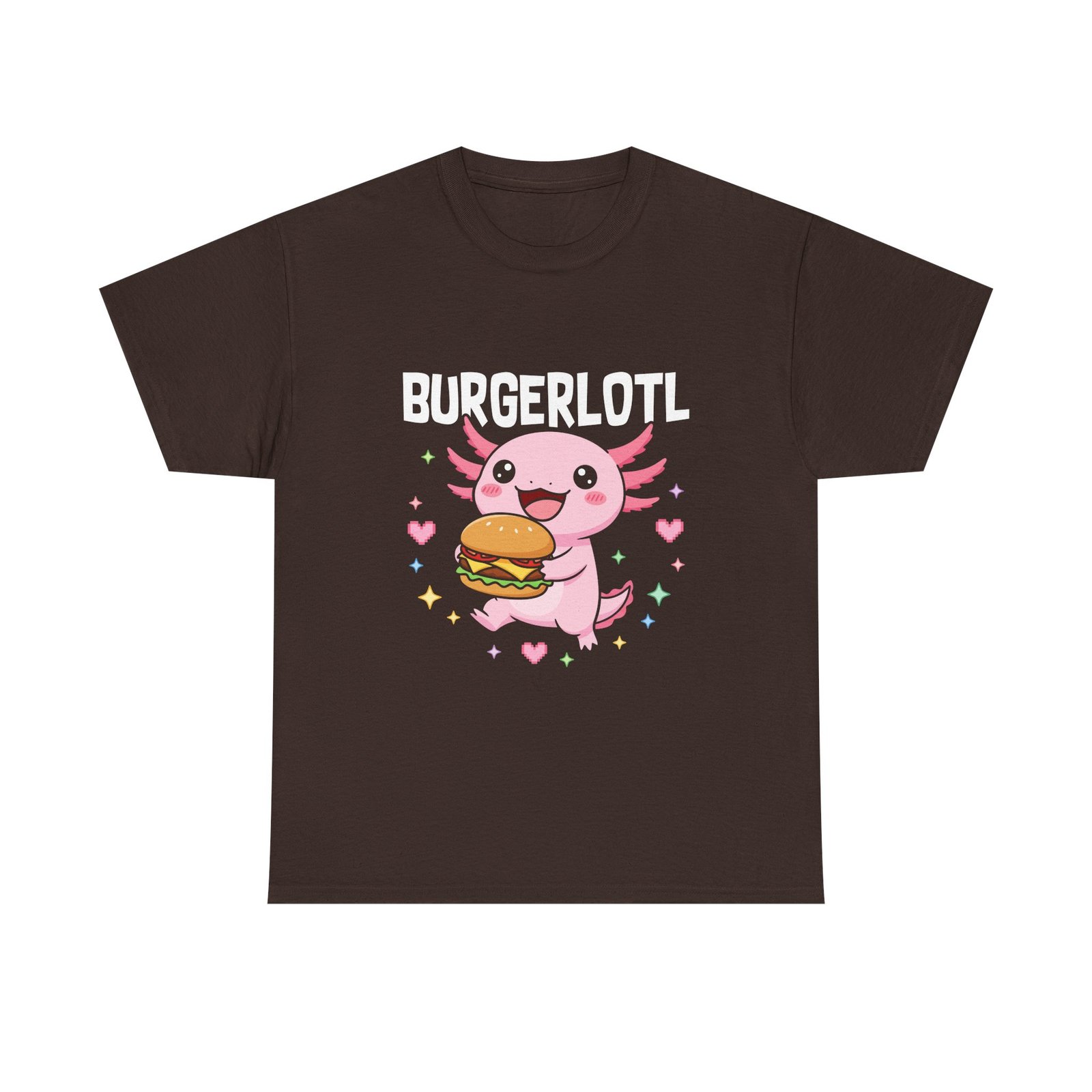 Adorable Axolotl Holding a Delicious Tasty Burger Illustration- T-shirt