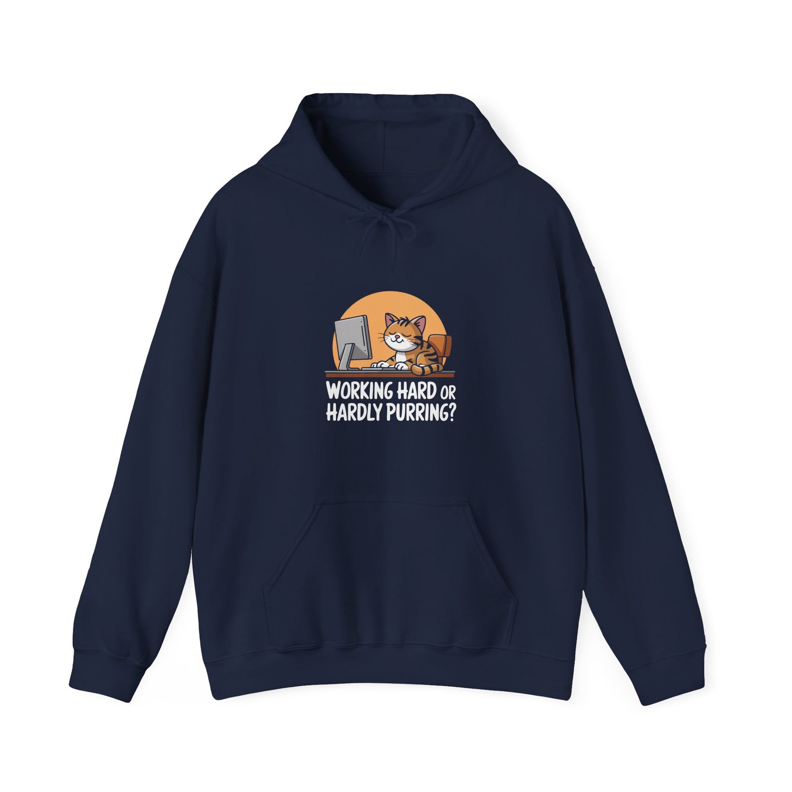 Playful Cat Illustration with Working Hard or Hardly Purring Text - Hoodie - Image 9