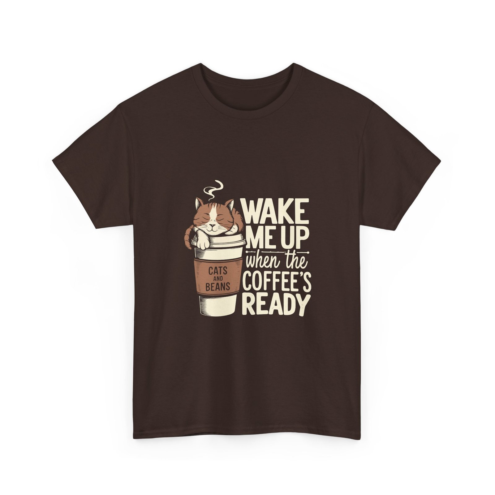 Cute Coffee Cat Illustration with Wake Me Up Text - T-shirt - Image 3