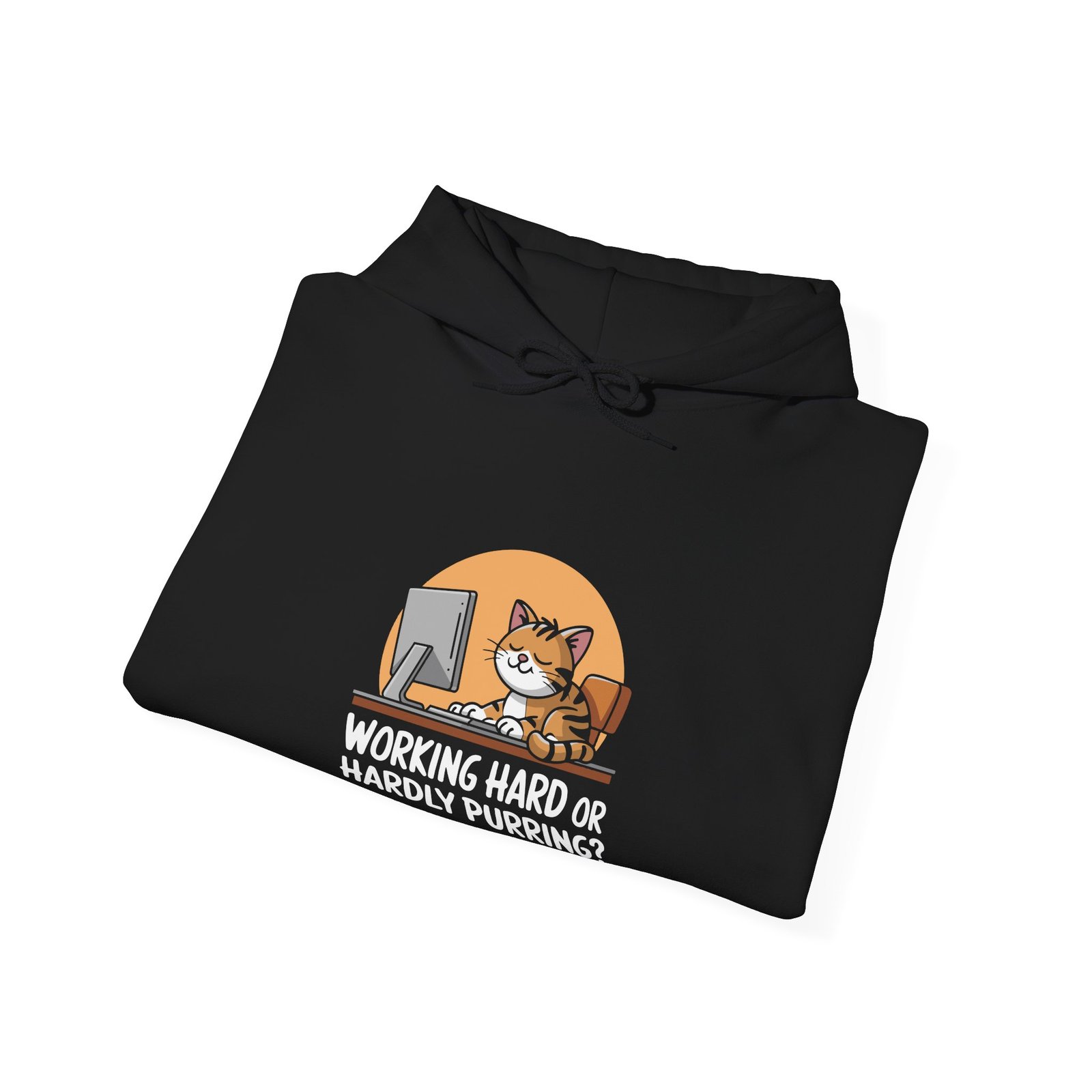 Playful Cat Illustration with Working Hard or Hardly Purring Text - Hoodie - Image 4