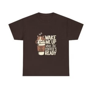 Cute Coffee Cat Illustration with Wake Me Up Text - T-shirt
