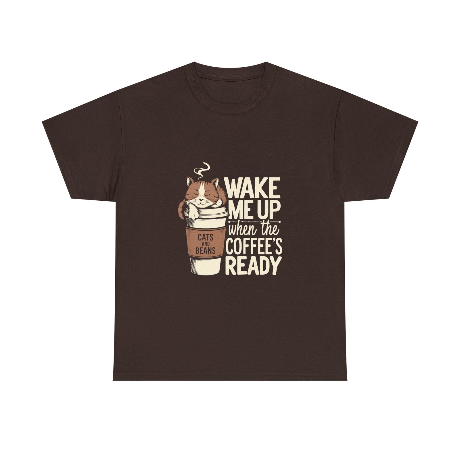 Cute Coffee Cat Illustration with Wake Me Up Text - T-shirt