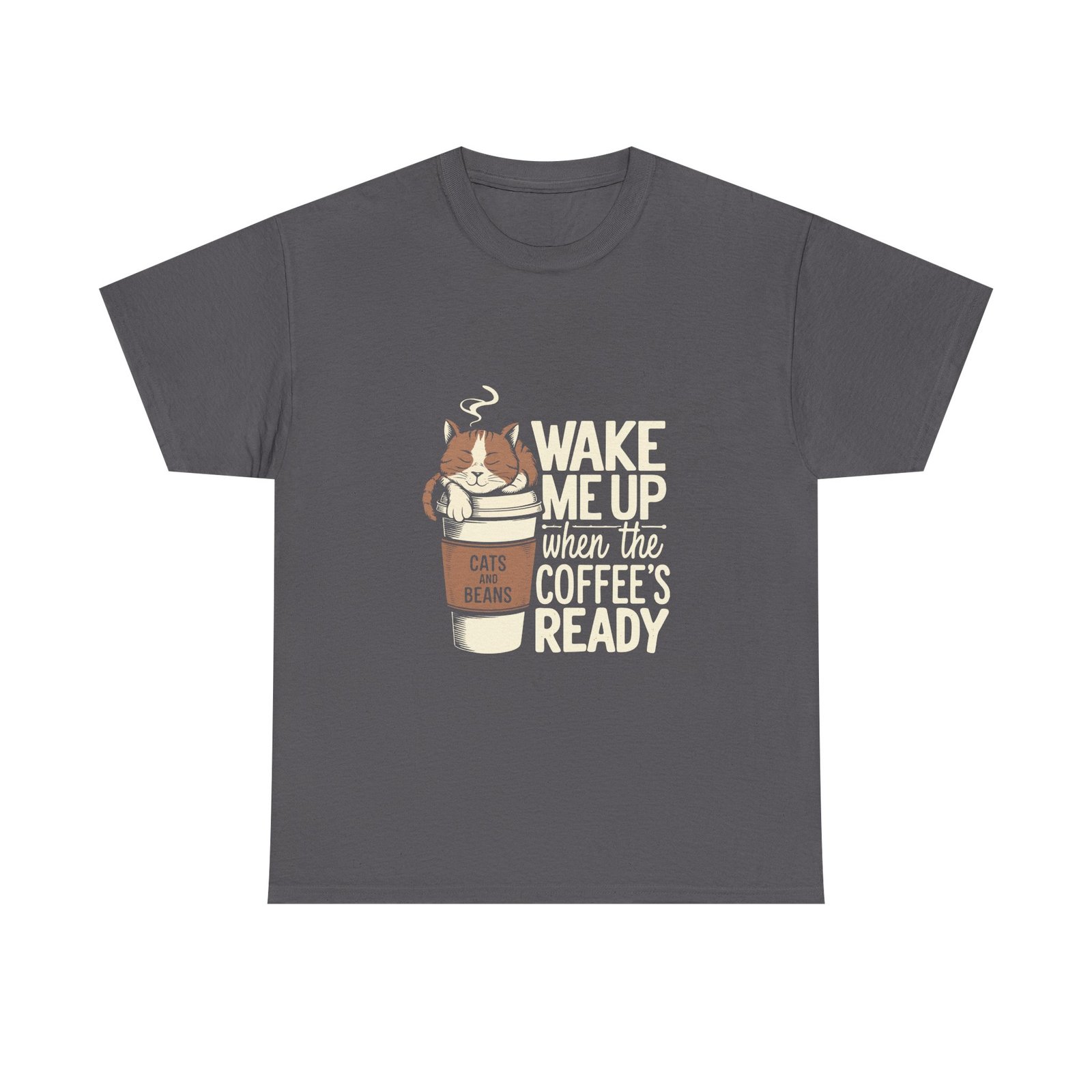 Cute Coffee Cat Illustration with Wake Me Up Text - T-shirt - Image 5