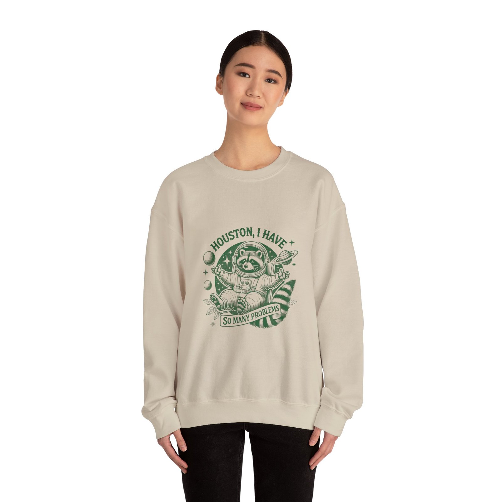 Houston I Have So Many Problems Green Raccoon Space Design - Sweatshirt - Image 8