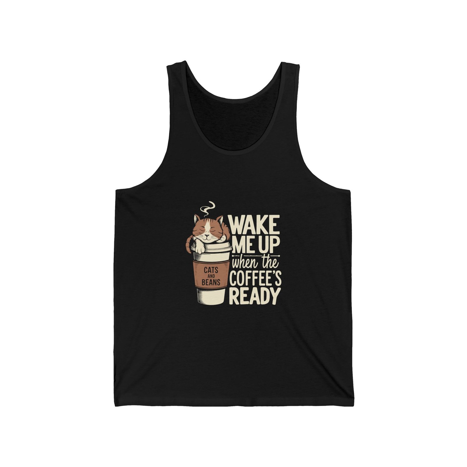 Cute Coffee Cat Illustration with Wake Me Up Text - Tank Top