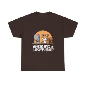 Playful Cat Illustration with Working Hard or Hardly Purring Text - T-shirt