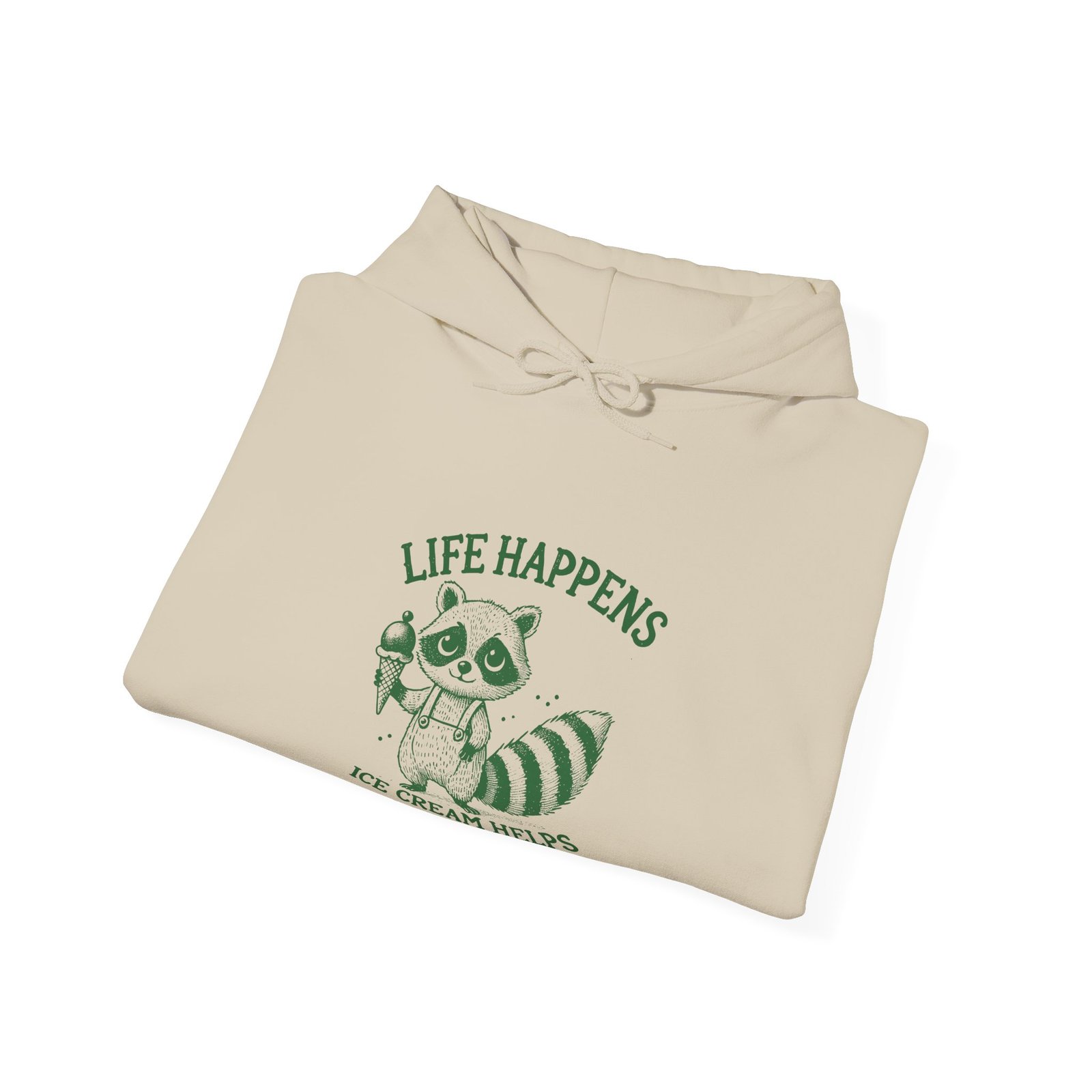 Life Happens Ice Cream Helps Green Raccoon Illustration - Hoodie - Image 8