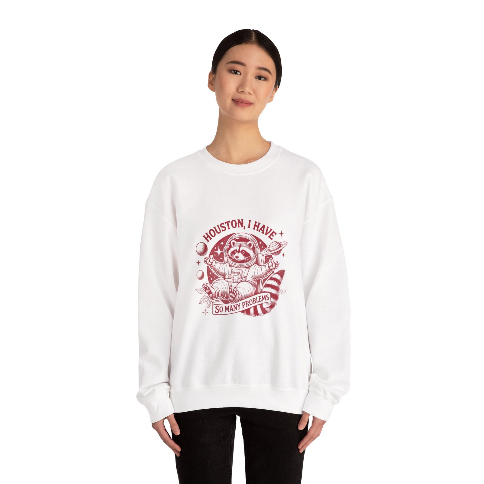Houston I Have So Many Problems Red Raccoon Space Illustration - Sweatshirt - Image 4