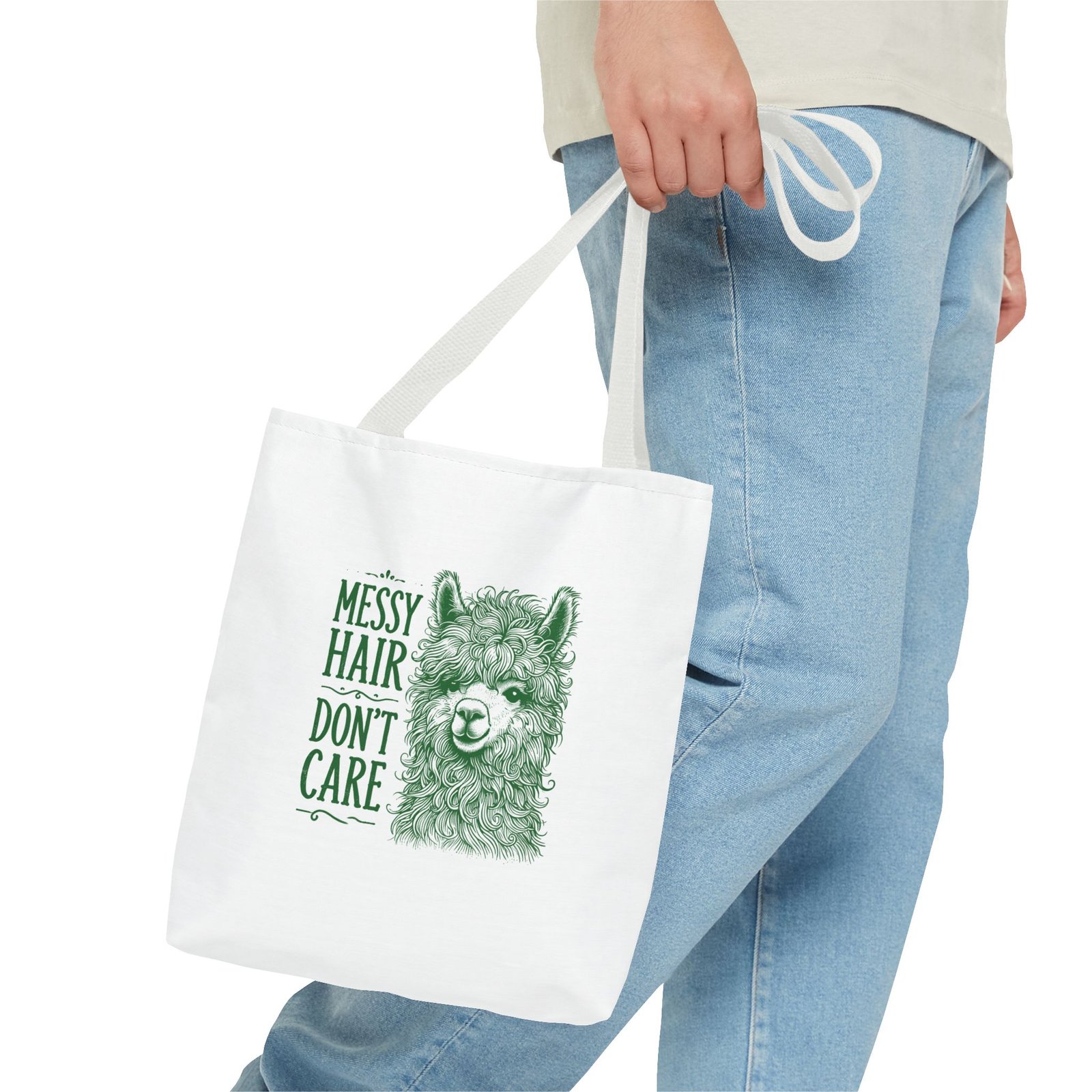 Messy Hair Don’t Care Cute Green Llama Face Illustration - Tote Bag - Image 3