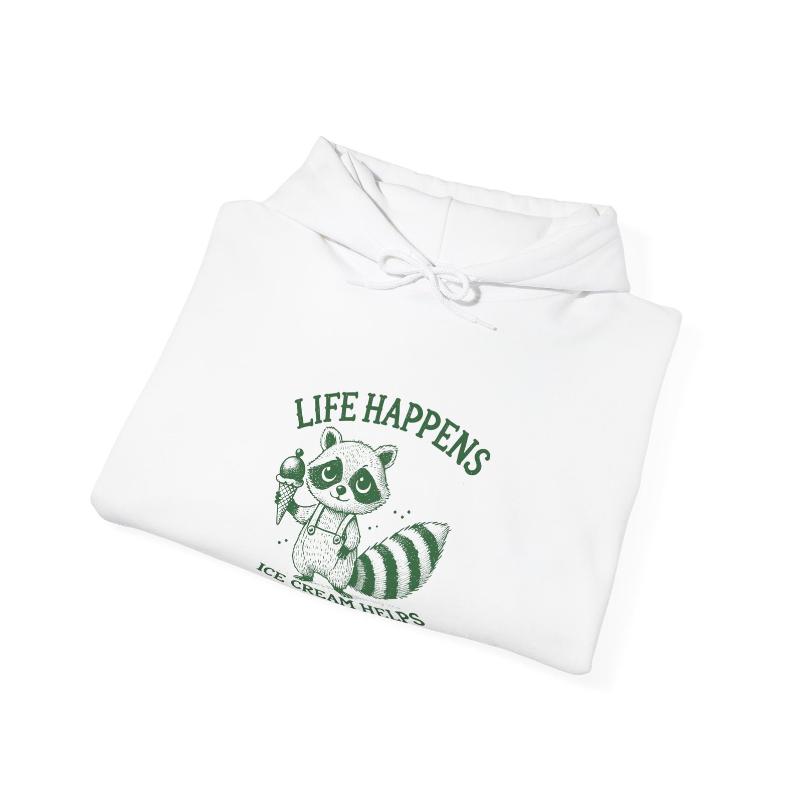 Life Happens Ice Cream Helps Green Raccoon Illustration - Hoodie - Image 4