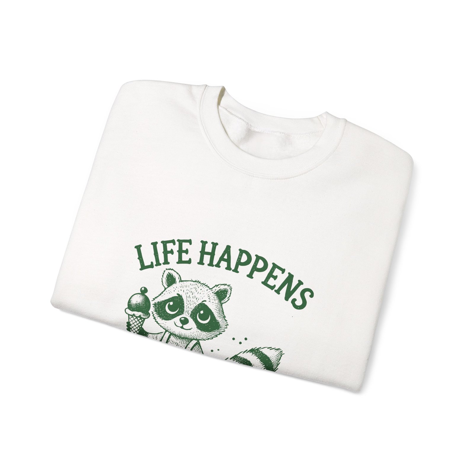 Life Happens Ice Cream Helps Green Raccoon Illustration - Sweatshirt - Image 3