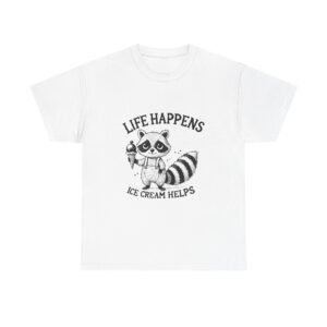 Life Happens Ice Cream Helps Black Raccoon Graphic Design - T-shirt
