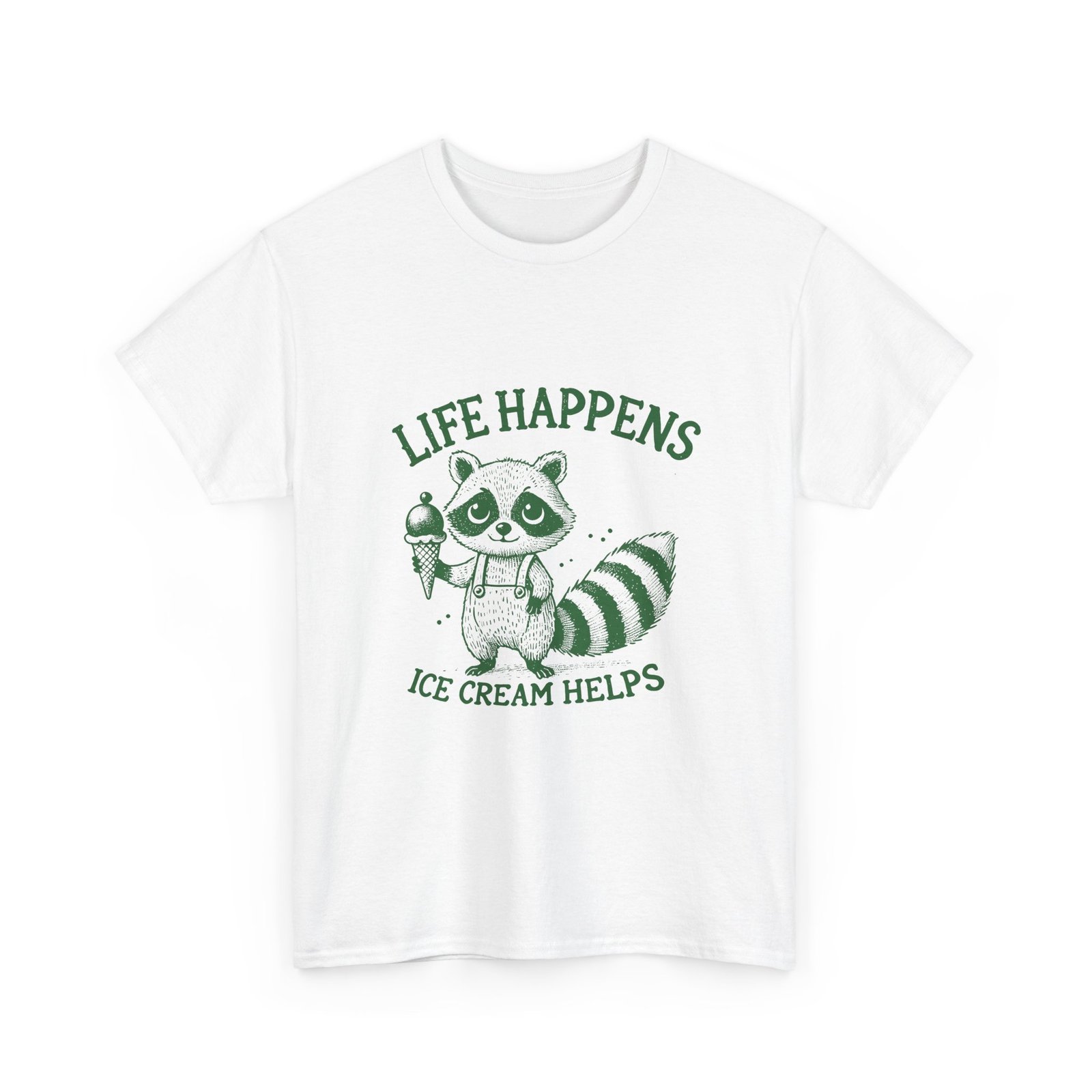 Life Happens Ice Cream Helps Green Raccoon Illustration - T-shirt - Image 3