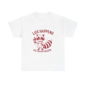Life Happens Ice Cream Helps Cute Red Raccoon Illustration - T-shirt