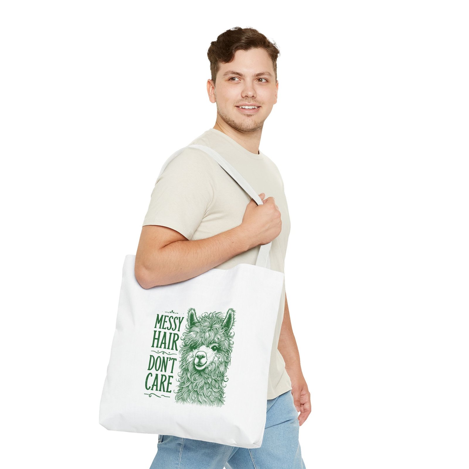 Messy Hair Don’t Care Cute Green Llama Face Illustration - Tote Bag - Image 11
