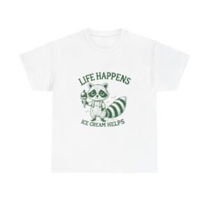 Life Happens Ice Cream Helps Green Raccoon Illustration - T-shirt