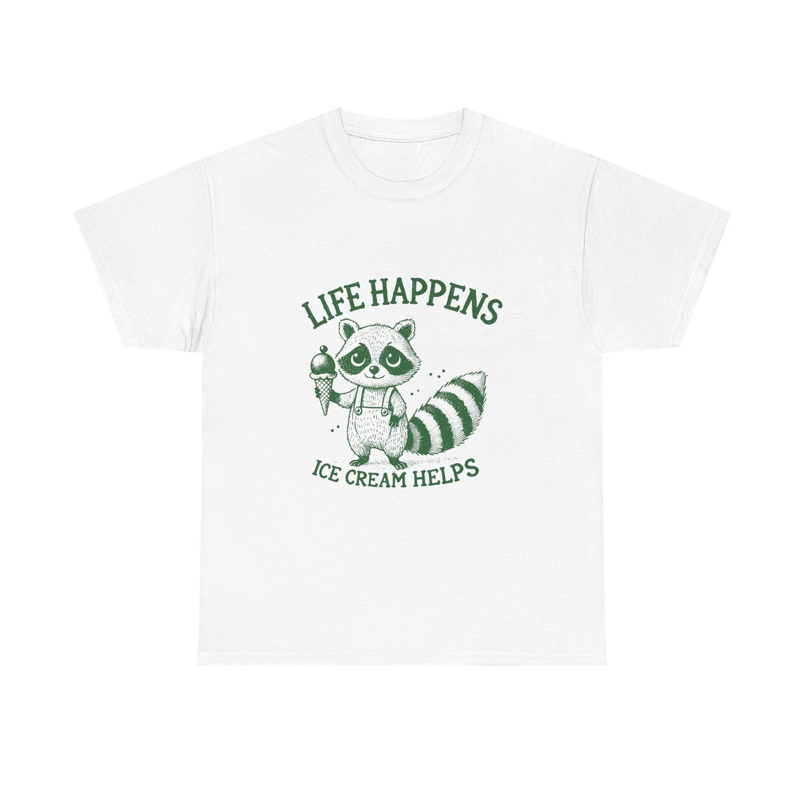 Life Happens Ice Cream Helps Green Raccoon Illustration - T-shirt