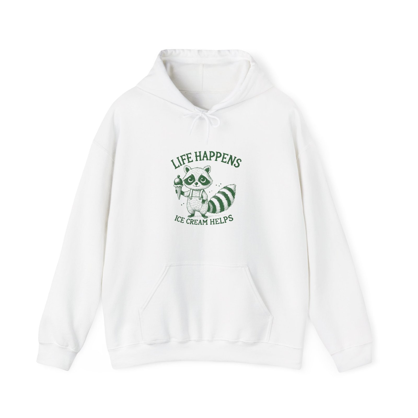 Life Happens Ice Cream Helps Green Raccoon Illustration - Hoodie