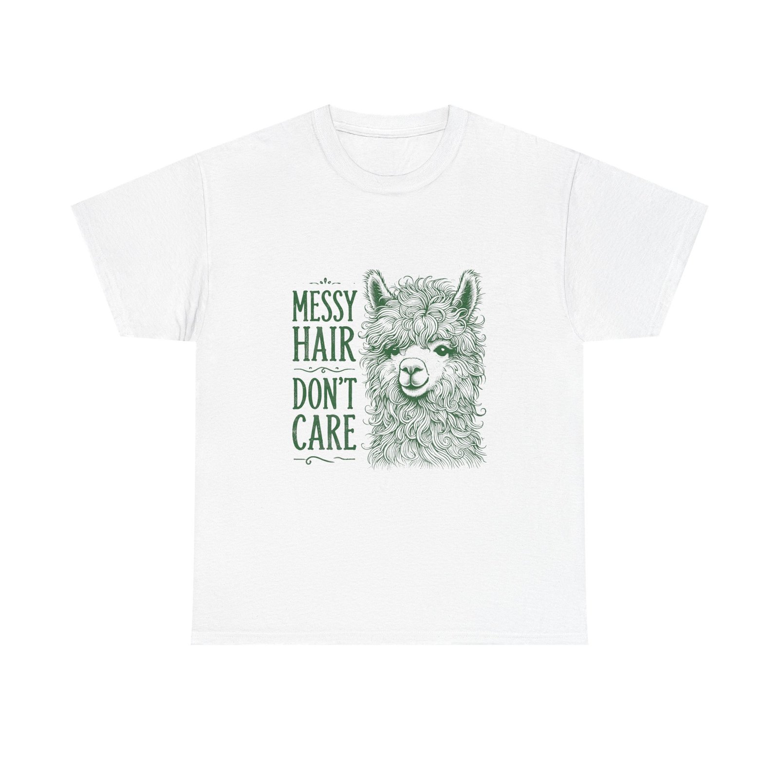 Messy Hair Don’t Care Cute Green Llama Face Illustration - T-shirt
