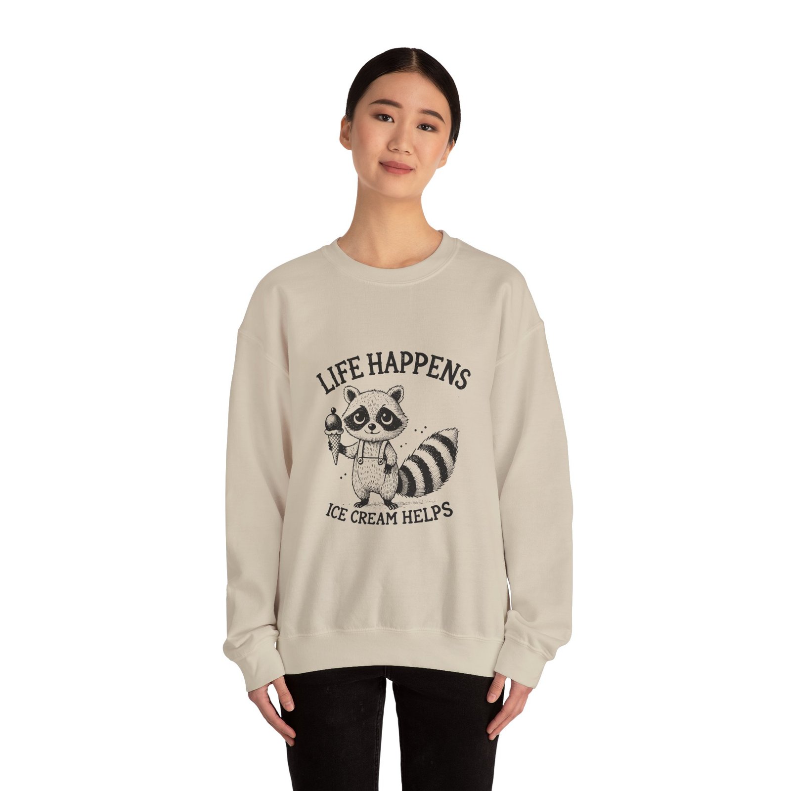 Life Happens Ice Cream Helps Black Raccoon Graphic Design - Sweatshirt - Image 8