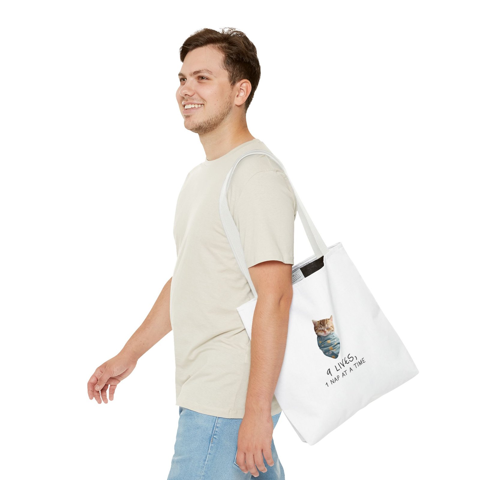 Cute Cat Illustration with "Lives Nap at a Time" Sleepy Theme - Tote Bag - Image 7