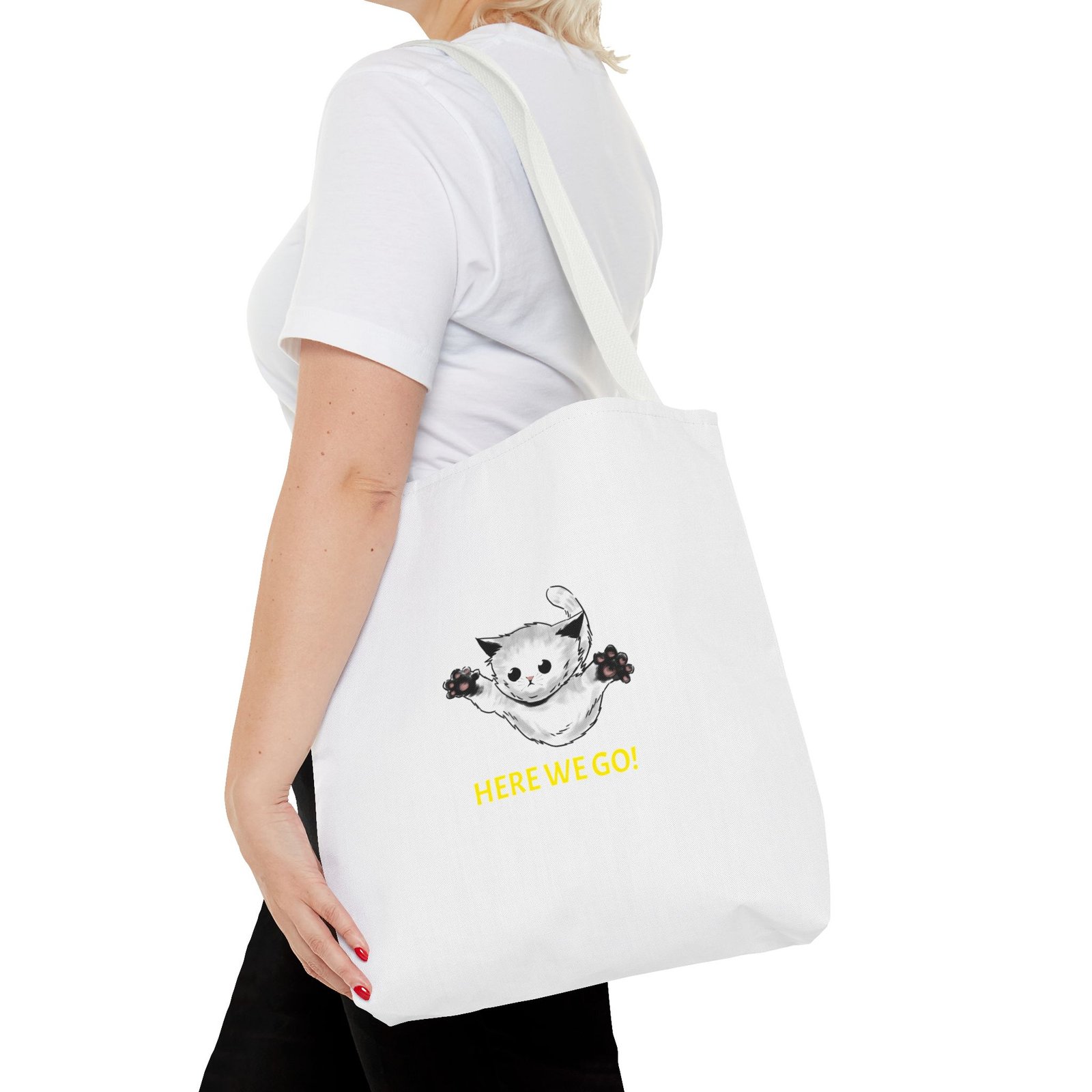 Playful Cat Illustration Featuring Cheerful "Here We Go" Slogan - Tote Bag - Image 8