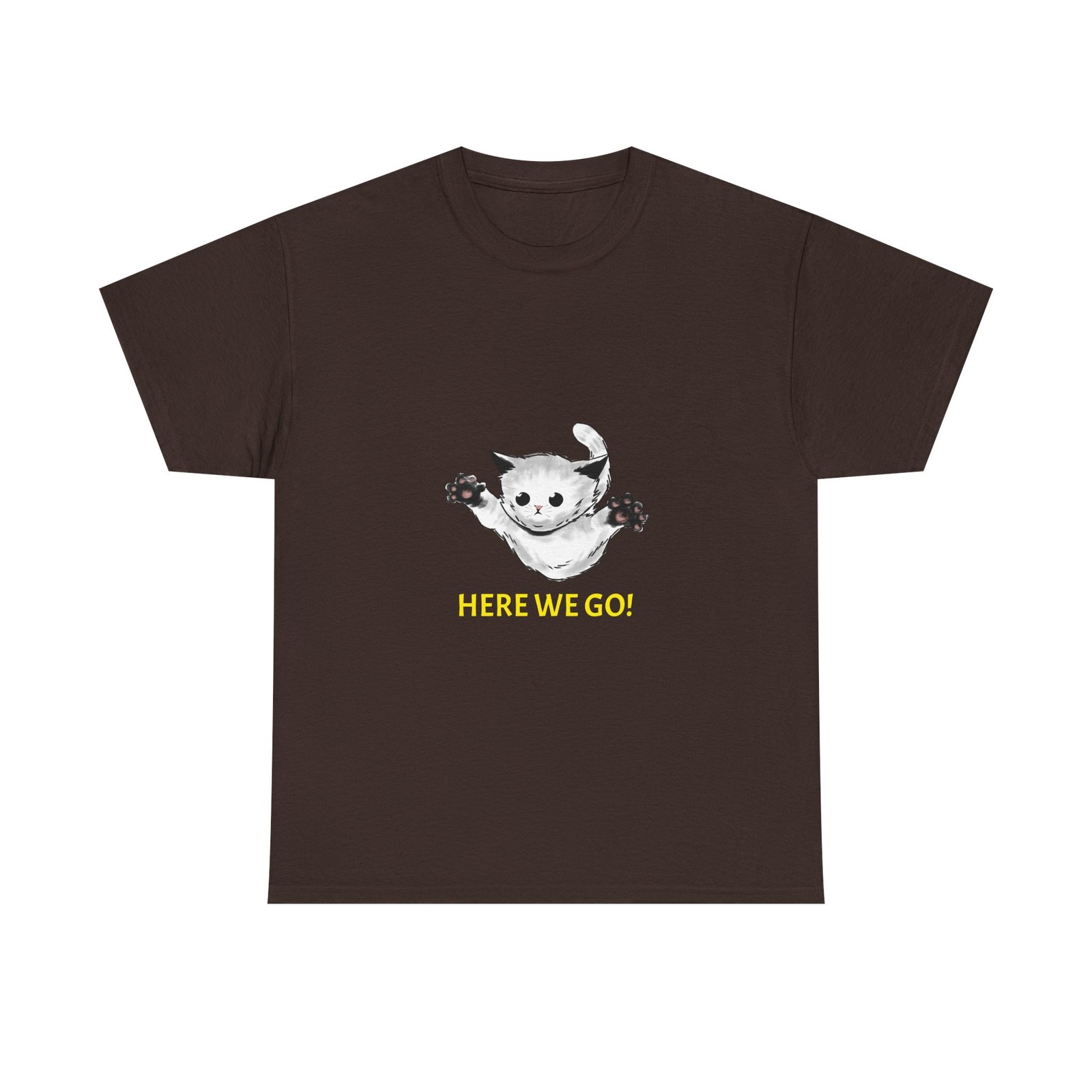 Playful Cat Illustration with "Here We Go" Text - T-shirt