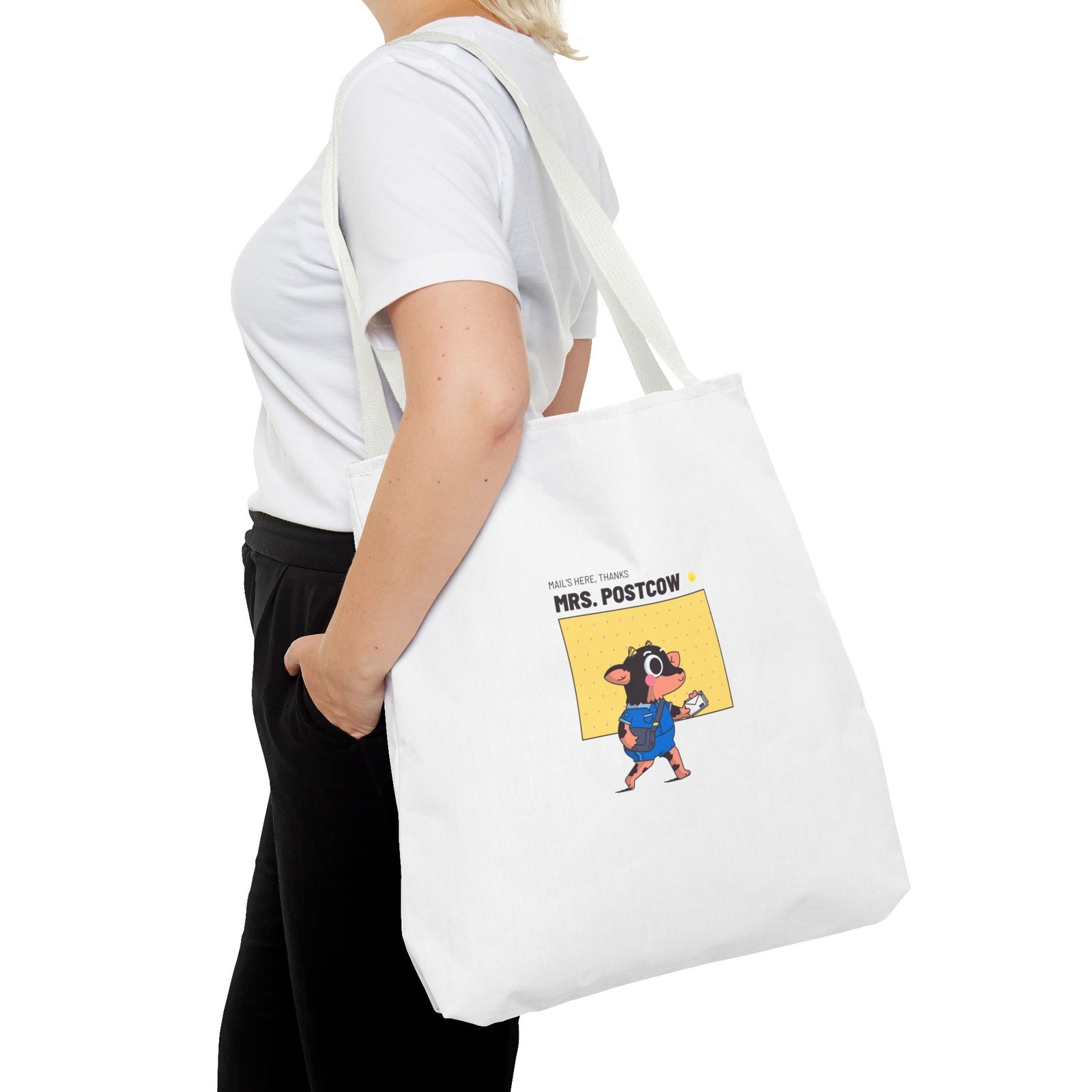 Mrs. Postcow Funny Cartoon Cow with Postal Theme - Tote Bag - Image 12
