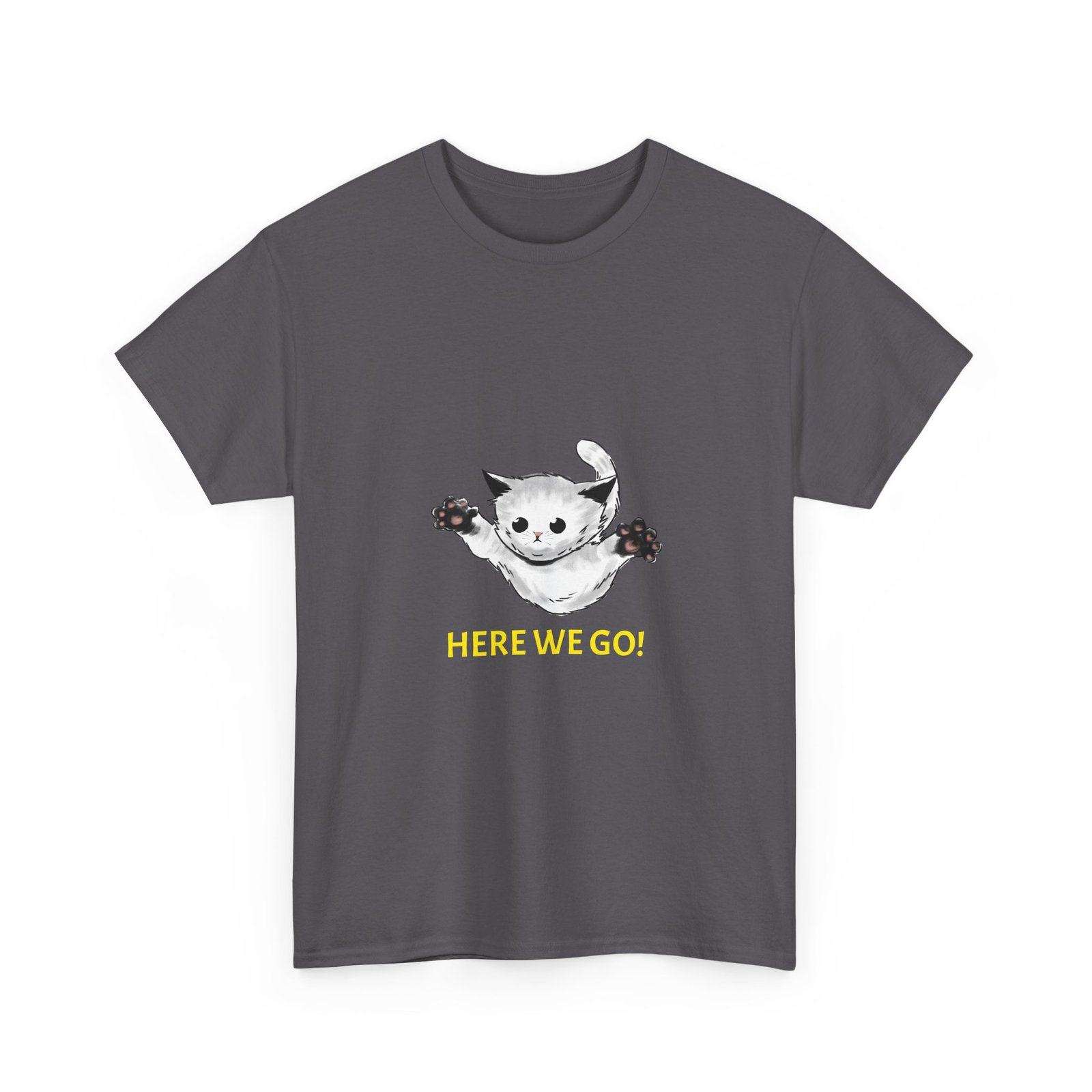 Playful Cat Illustration with "Here We Go" Text - T-shirt - Image 7