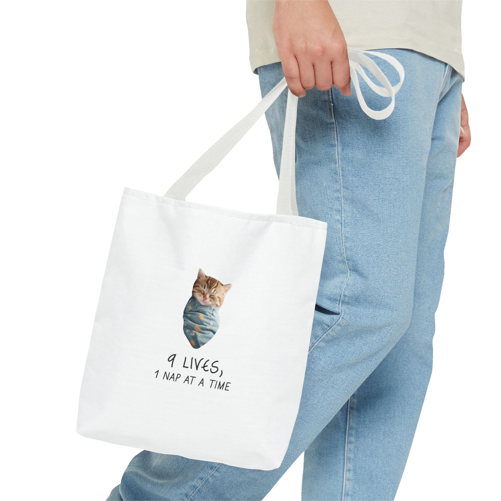 Cute Cat Illustration with "Lives Nap at a Time" Sleepy Theme - Tote Bag - Image 3
