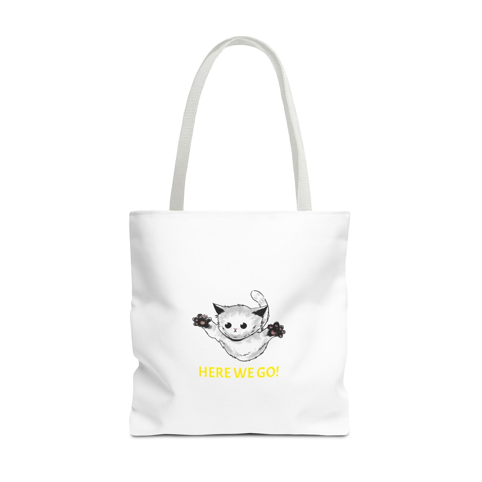 Playful Cat Illustration Featuring Cheerful "Here We Go" Slogan - Tote Bag - Image 9