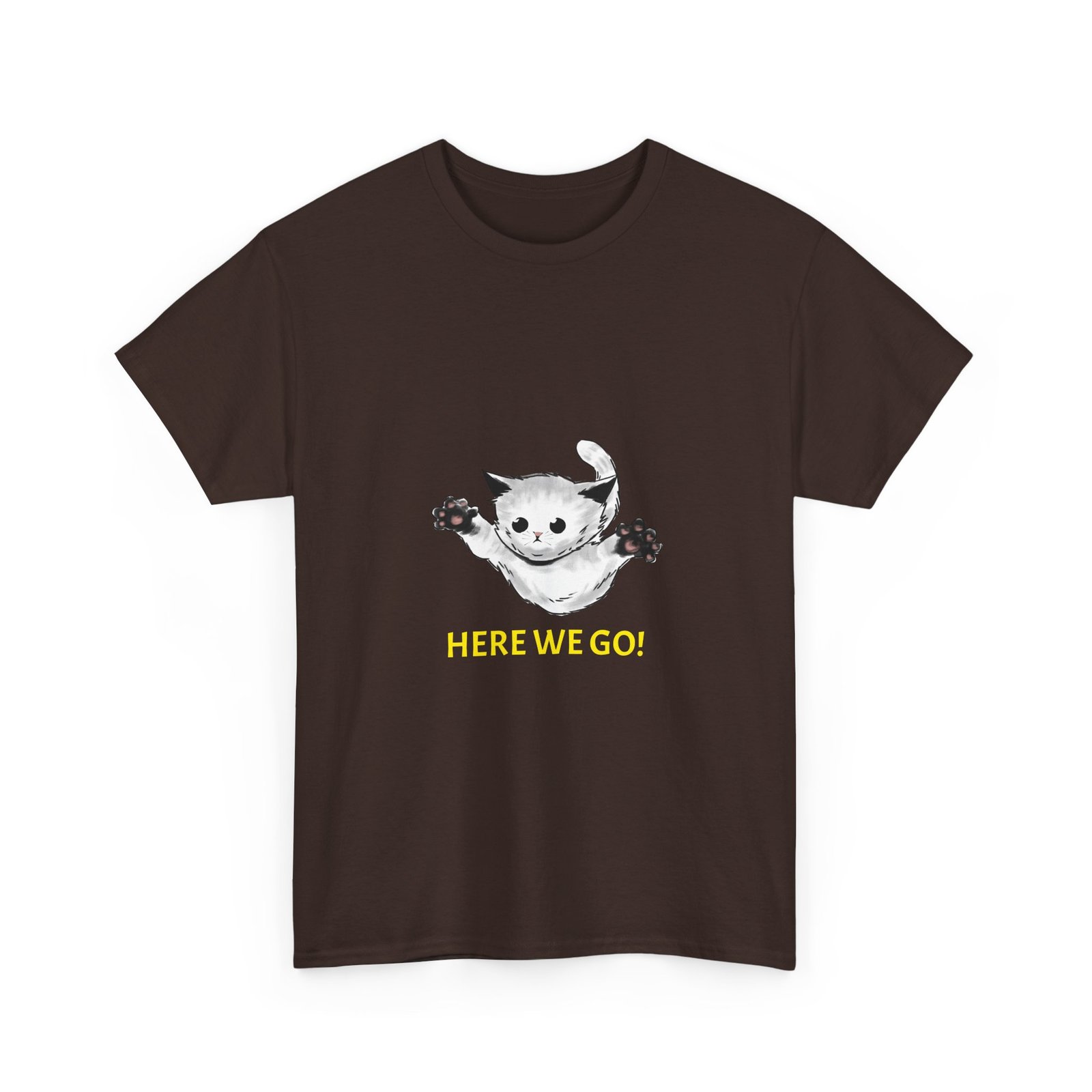 Playful Cat Illustration with "Here We Go" Text - T-shirt - Image 3