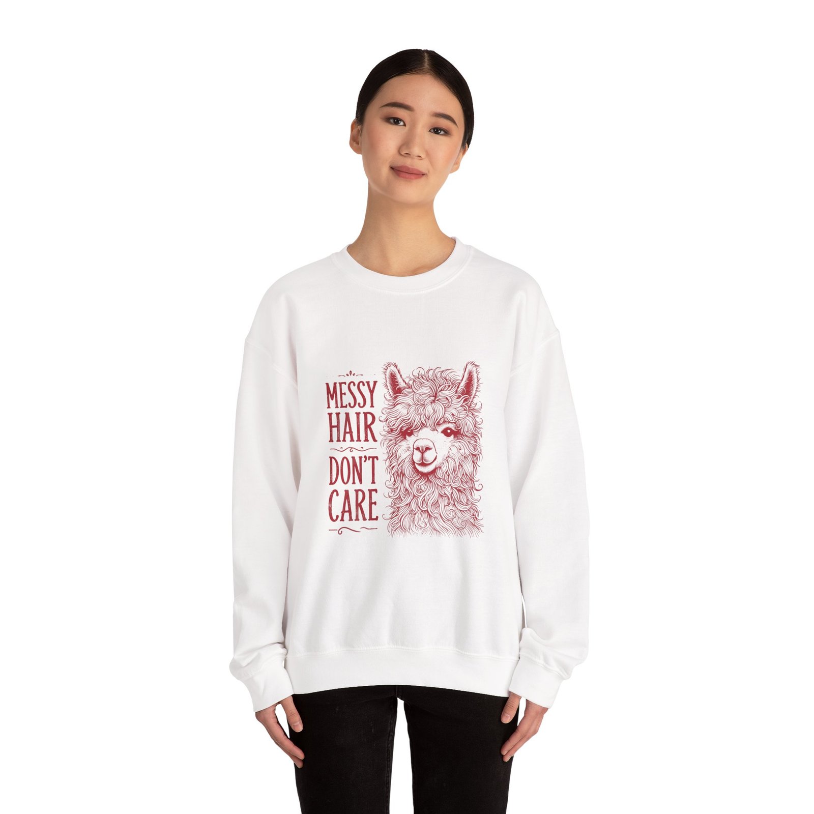 Messy Hair Don’t Care Red Llama Face Graphic - Sweatshirt - Image 4