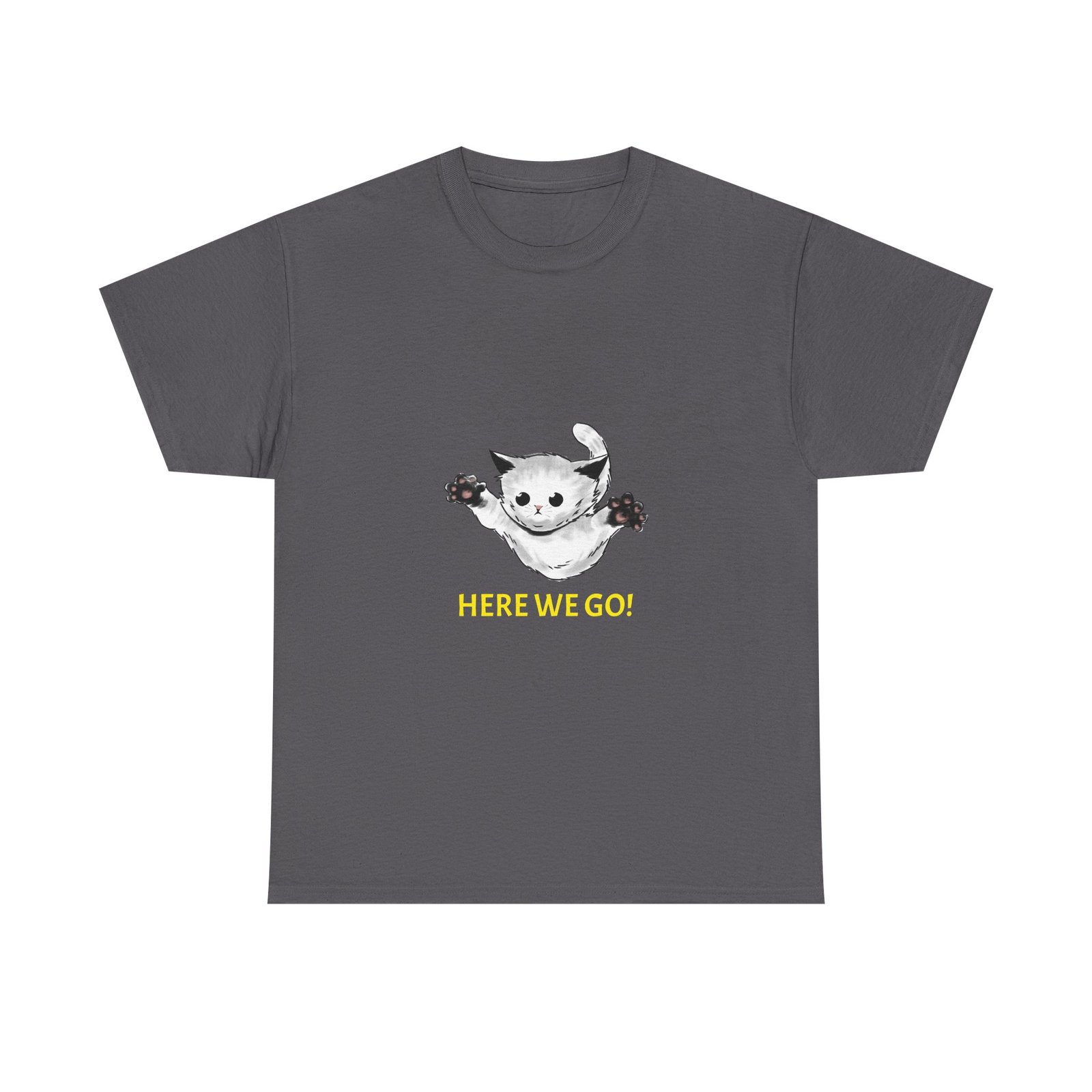 Playful Cat Illustration with "Here We Go" Text - T-shirt - Image 5