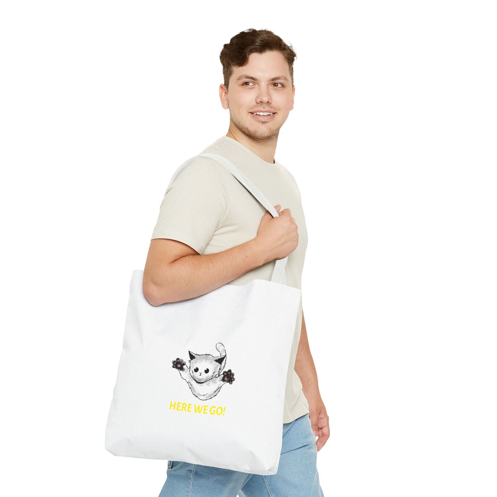 Playful Cat Illustration Featuring Cheerful "Here We Go" Slogan - Tote Bag - Image 11