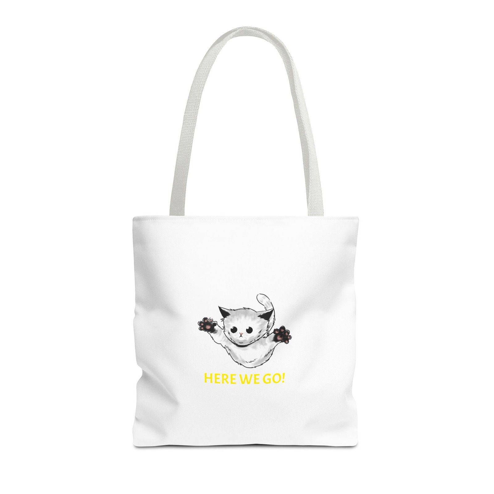 Playful Cat Illustration Featuring Cheerful "Here We Go" Slogan - Tote Bag - Image 5